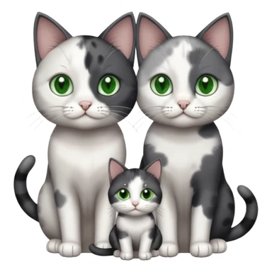 3 different coloured small cats including a dark grey and white, and a patchy calico and a completely solid dark grey with green eyes and only white paws sticker