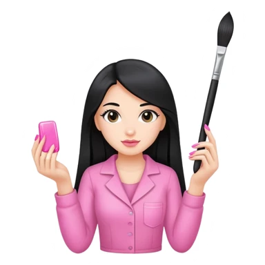 Pink Nail Tech with black long hair holding small acrylic brush sticker