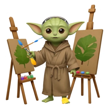 A full-body image of Baby Yoda in his brown linen robe with headphones in his ears, painting a picture on an easel and surrounded by paint pots. sticker