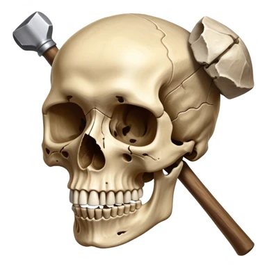 An icon featuring a human skull and fossilized bones, symbolizing the study of anthropology. The design includes archaeological tools like a pickaxe and brush, with a background of ancient artifacts and a globe. Transparent background emphasizes the exploration of human history and evolution. sticker
