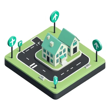 Domanilité Publique (Public Domain), 3D techy icon with black and mint green (#B5F4D3) color scheme, public land with property markers sticker