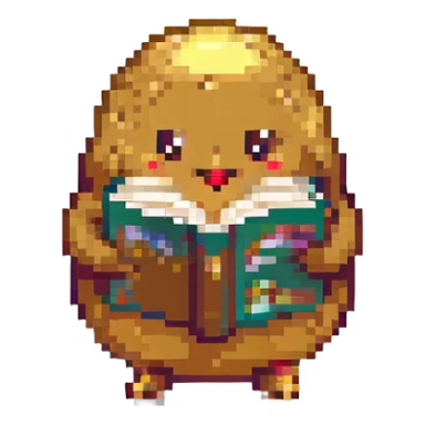 a pixel art style potato reading a book sticker