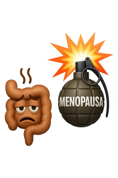 EMOJI STILE IPHONE 3D DI INTESTINO SFINITO CON ESPRESSIONE STANCA, ACCANTO A LUI SCOPPIA UNA GRANATA 3D CON LA SCRITTA "MENOPAUSA" SOPRA sticker