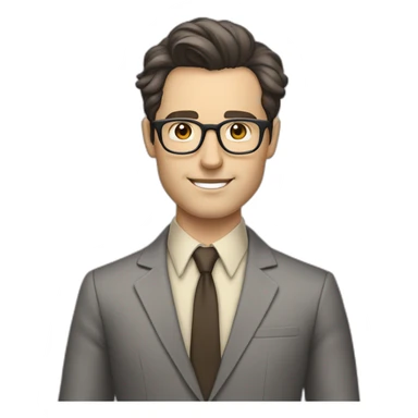 Full height Pale skinned Fit Man With dark brown hair in classic gray suit, beige office shirt, dark gray tie, and vintage glasses. His hands lock sticker