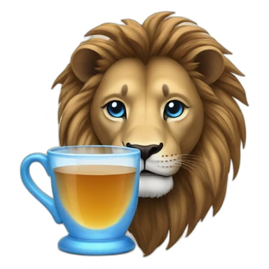 a lion with a black mane and blue eyes drinks tea sticker