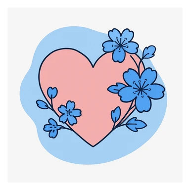 pink heart with sakura flowers, blue blob style sticker