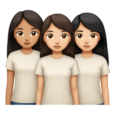 Three sisters, light skin with long dark brown hair, tan skin long black hair, tan skin dark brown short hair, white tee sticker