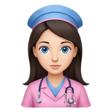 Female nurse, Very long dark brunette hair, blue eyes, light-medium skin, skin, pink scrubs, WITH NO HAT sticker