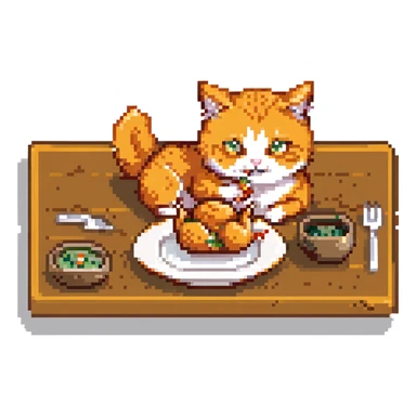orange cat with orange eyes eating a chicken thigh from a plate, pixel art style sticker