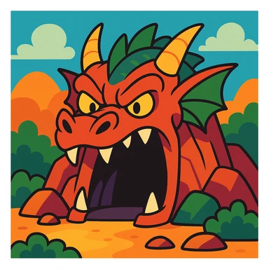 giant dragon head as a cave entrance, cartoon style sticker