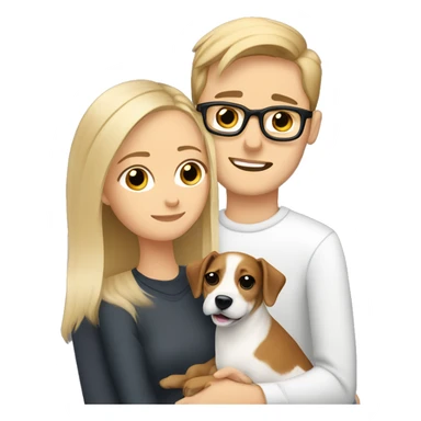 Blonde girl and her white boyfriend with brown hair and glasses cuddling a jack Russell  sticker