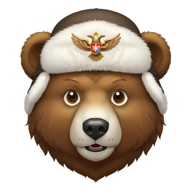 Brown bear head face wearing white fluffy ushanka with detailed Russian double-headed eagle emblem centered on front, iOS emoji style sticker