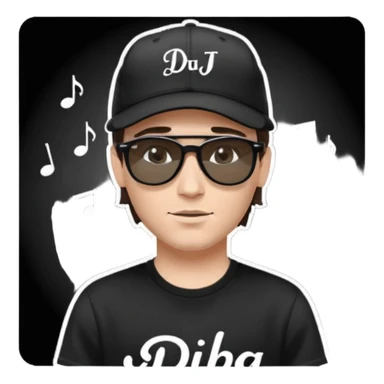 Emoji of a white man with short dark brown hair under a black baseball cap, wearing a black t‑shirt and 1980s‑style black Ray‑Ban rectangle sunglasses black lenses, with black musical notes floating around his head,  word "DJ DLG" written on the hat sticker