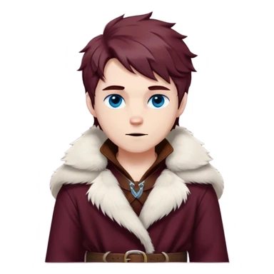 Medieval winter outfit worn by a DnD themed fantasy male character. Thick burgundy wool tunic with arctic fox fur lining, adorned with bronze clasps and a sturdy woven leather belt. Clothes only above the waist, full waist coverage. The character has no arms. Character is white-skinned with mahogany hair, stormy blue eyes, and short layered hair windswept with winter chill sticker