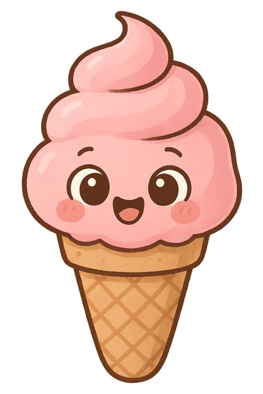 a cute pink ice cream cone, original design, big eyes, blushing cheeks, joyful sticker