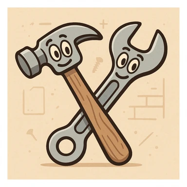 a hammer and wrench crossed, subtle construction elements, flat icon style, minimal color, clear lines, suitable for app icon sticker