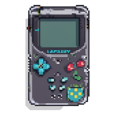 GameBoy, pixel art style, blocky and retro, limited color palette, clear buttons and screen, classic handheld shape sticker