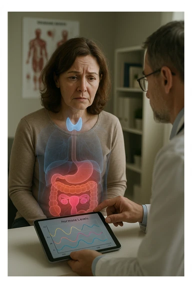 Realistic, vertical medical scene: a woman sits in a doctor’s office, looking fatigued and concerned. A semi-transparent overlay shows her internal organs, with the thyroid, ovaries, and adrenal glands glowing or pulsing in different colors to indicate hormonal imbalance. The doctor points to a digital tablet displaying fluctuating hormone levels. The mood is informative and empathetic. sticker