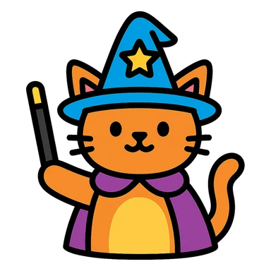 cat magician with a wizard hat and wand, colorful icon sticker