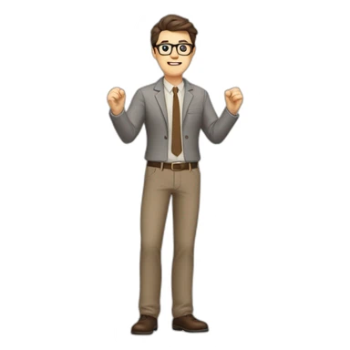 To belt Actively gesturing with hands 👌 Pale skinned fit man with dark brown hair in gray jacket, beige office shirt, brown tie, brown pants and vintage glasses. sticker