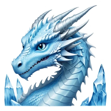 Cinematic Noble elegant Ice Dragon Portrait Emoji, Poised and imposing, distinct long elegant snout, with a slender, scaled body shimmering in glacial hues of icy blue, frostbitten silver, and crystalline white, breathing out frost, with piercing, glowing ice blue white eyes that radiate the chilling depths of an arctic storm; rendered in detail. excuding wisdom sticker