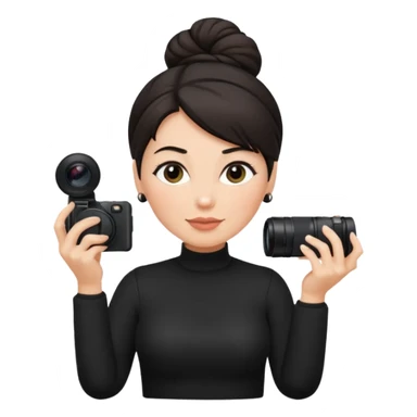 middle aged woman photographer with dark hair in a bun, wearing black clothes sticker