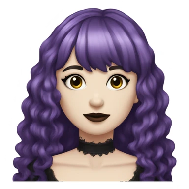 one single alt women, purple hair, wavy hair, medium hair, short bangs, dark makeup, gothic detailed dress, white skin  sticker