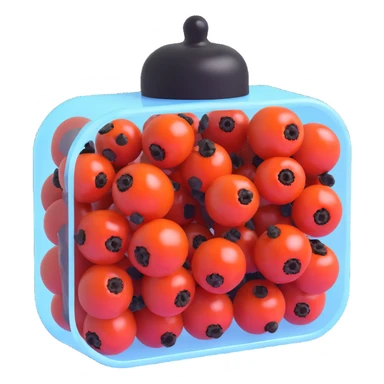 3D emoji style, transparent pepper case filled only with black peppercorns, no red or other colored peppercorns, only black, three-dimensional and realistic look, no background sticker