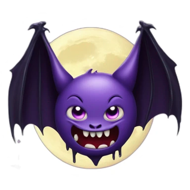 purple and black mad face vampire bat cartoon sparkle eyes wings flying in front of large dripping crescent moon sticker
