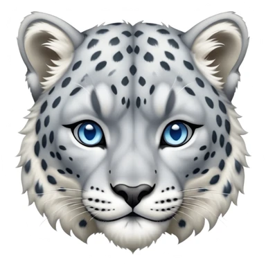 Cinematic-Noble-Snow-Leopard-Portrait-Emoji – Poised and majestic, with a muscular, agile build and a beautifully patterned coat of soft white and grey fur, marked with striking rosettes, deep-set, intelligent icy blue eyes, simplified yet sharp and sophisticated. sticker