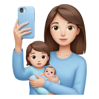brunette girl with brown hair wearing pastel blue clothes holding a baby and taking a selfie sticker