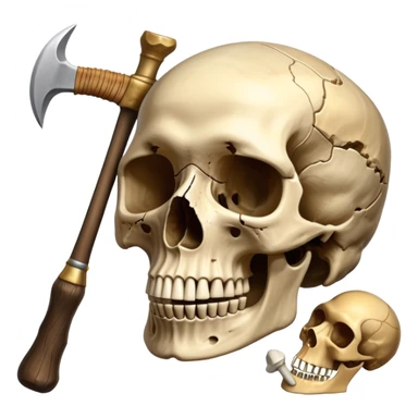 An icon featuring a human skull and fossilized bones, symbolizing the study of anthropology. The design includes archaeological tools like a pickaxe and brush, with a background of ancient artifacts and a globe. Transparent background emphasizes the exploration of human history and evolution. sticker