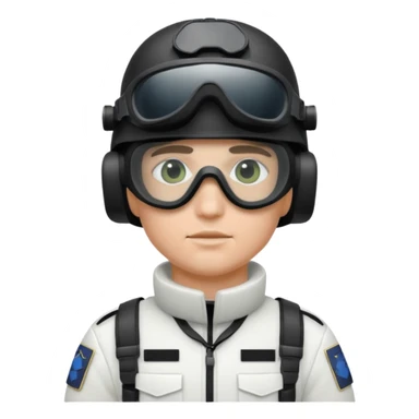 A Finnish modern soldier in a white snow uniform. with black night vision goggles sticker