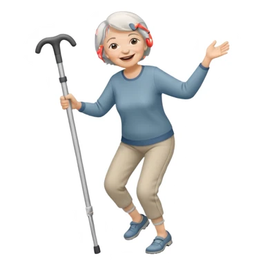old woman with short hair, dressed with pants, laughing and dancing with crutches sticker