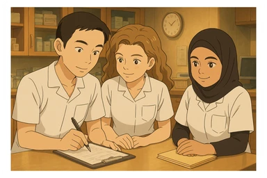 Four nursing students inspired by the four provided faces, working together in a care station, in Ghibli style. They wear short-sleeved white uniforms with V-neck tunics and a left chest pocket, no stand-up collar, no stethoscopes, and nothing protrudes from the sleeves. The atmosphere is warm and professional. sticker