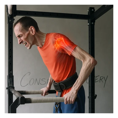 Hyperrealistic 4K image of a very thin man performing a dip on parallel bars, side position as in the reference, showing an expression of pain. Shoulder highlighted with a transparent effect showing internal inflammation. Gym atmosphere. Variant 3. sticker