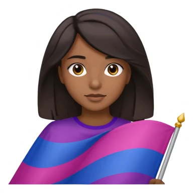 eu com a bandeira bissexual, sou parda, com cabelos negros que vão até a altura dos ombros levemente ondulados, olhos castanhos, sticker