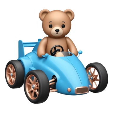 dar crystal blue and rosegold-accented rc racing car driven by a small cute teddy bear with rear spoiler, safety cage, and wheely bar sticker