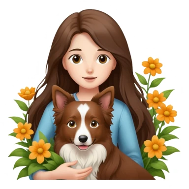A long-haired girl is holding a brown Border Collie in the flowers sticker