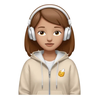A clean, minimal emoji-style illustration of a light-skinned girl with brown hair worn loose. Her eyes are closed while listening to music with silver AirPods Max. She’s wearing a white zip-up hoodie. Smooth 3D emoji style, soft lighting, neutral tones. sticker