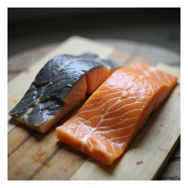 two salmon fillets side by side on a cutting board: one with gray flesh and one with orange flesh, natural light, hyperrealistic photographic style, 4K resolution sticker