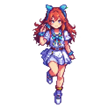 cool anime girl, pixel art style, energetic pose, modern accessories sticker