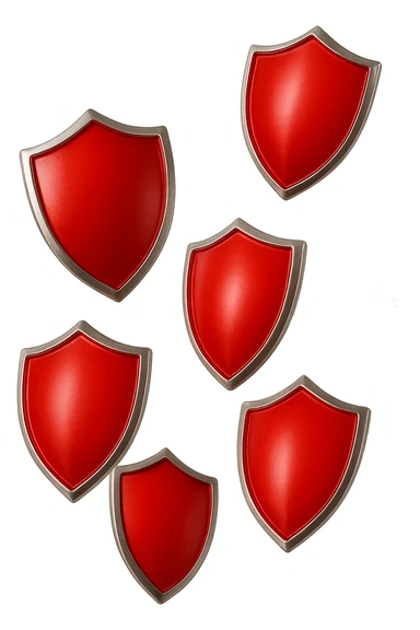 6 scudi 3d rossi che simboleggiano "difesa e protezione", cadono dall'alto casualmente, realistici in 3d, iperrealistico 4k sticker