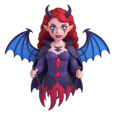 extremely diabolical demon girl with massive bat wings, blood red hair, sinister glowing blue eyes, dark hellish aura, sharp horns, fangs, pentagram sticker