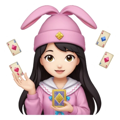 pixel art chibi asian girl with dark long hair in pink bunny hat magical girl with kawaii tarot cards thrown in air pixel emoji sticker