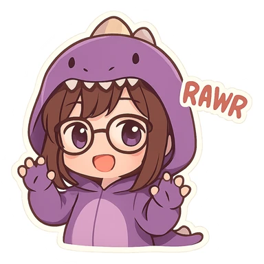 chibi anime style girl with glasses, brown hair, dark purple eyes, wearing a purple dinosaur costume, saying 'rawr' in a cute playful way sticker