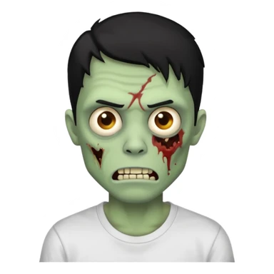 Rosto de frente classico de zombie boca meio torta cabelos medios pretos low fade com pele verde clara camiseta branca sticker