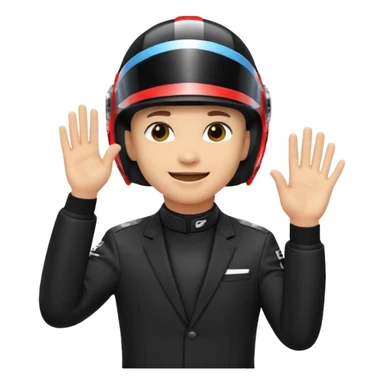 A red-bull f1 driver wearing the f1 black suit and helmet raising his hand as he celebrate sticker