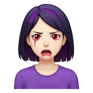 A cartoon-style digital illustration of a woman with shoulder-length black hair, wearing a purple shirt. She has an exhausted and dehydrated expression, with red, bloodshot eyes, a dry, sticking-out tongue, and a single sweat drop on her cheek. The character looks fatigued, as if suffering from heat exhaustion or dehydration. The background is plain white sticker