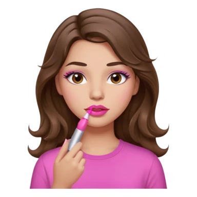girl with long wavy brown hair, brown eyes, light to medium complexion, in a pink shirt, pink lips, long lashes, puckered lips, putting on lipstick sticker